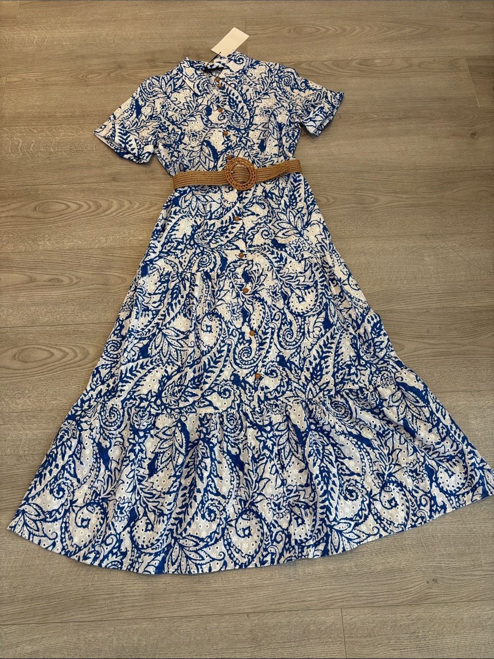 Zara Blue & White Midi Dress with Belt